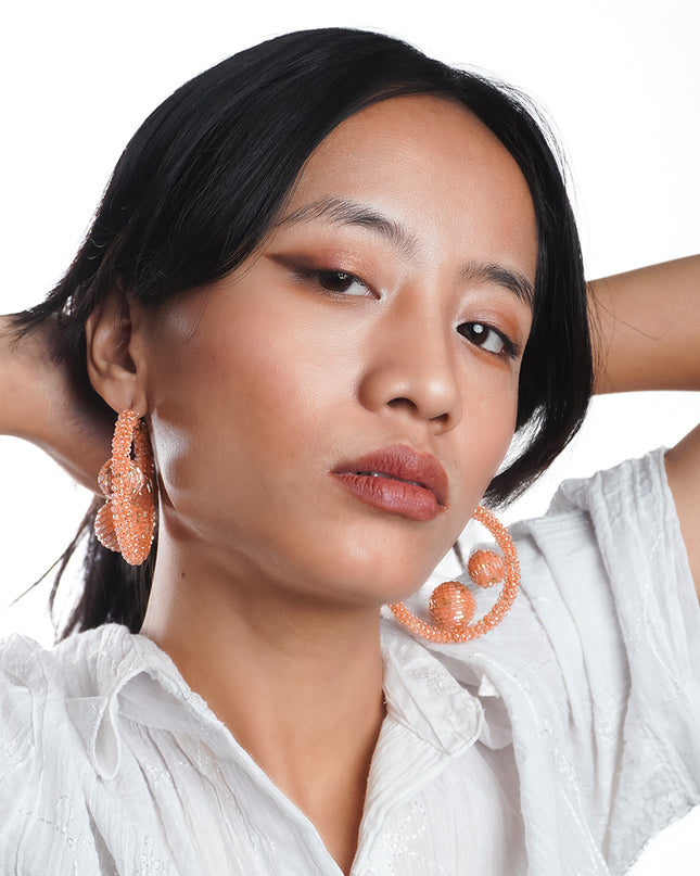 Peach 3 Ball In Beaded Hoops