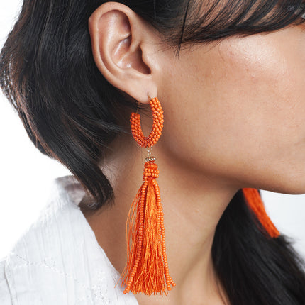 Fiery Orange Tassel Hoop Earrings