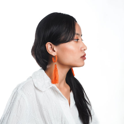 Fiery Orange Tassel Hoop Earrings