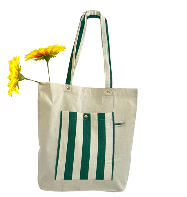 Green Bold Striped Pocket Canvas Tote Bag
