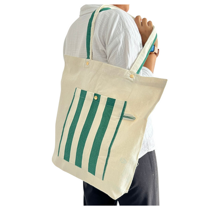 Green Bold Striped Pocket Canvas Tote Bag