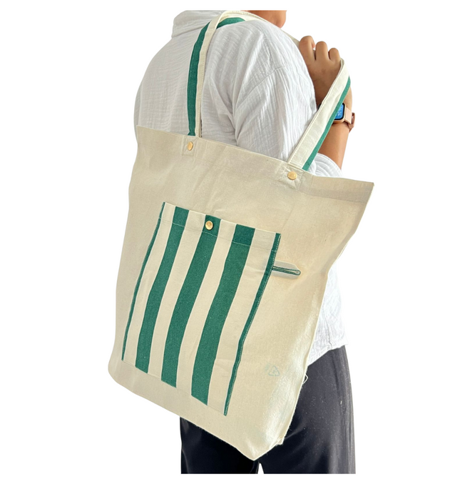 Green Bold Striped Pocket Canvas Tote Bag