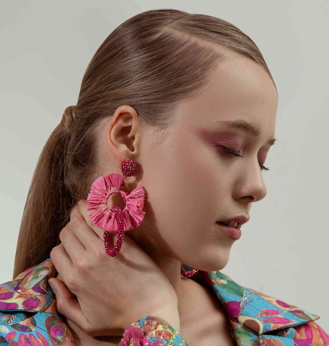 Fushia pink Rafia With Beaded Earrings - HASHTACK