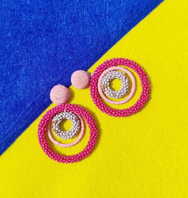 Multi Pink Beaded Triple Ring Earrings