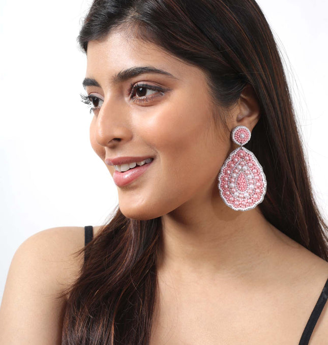 Blush Pink & White Pearl Drop Flower Earrings