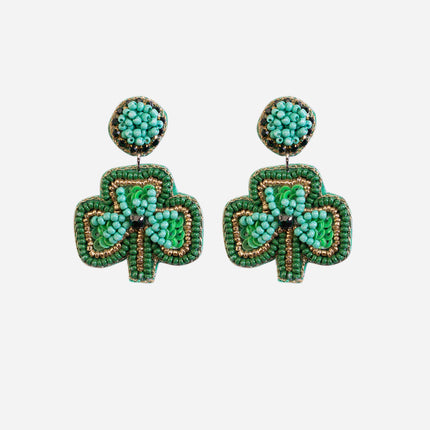 Green Beaded Cord Leaf Earrings