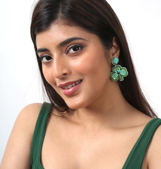 Green Beaded Cord Leaf Earrings