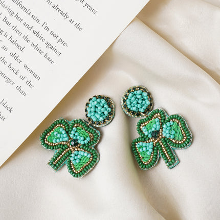 Green Beaded Cord Leaf Earrings