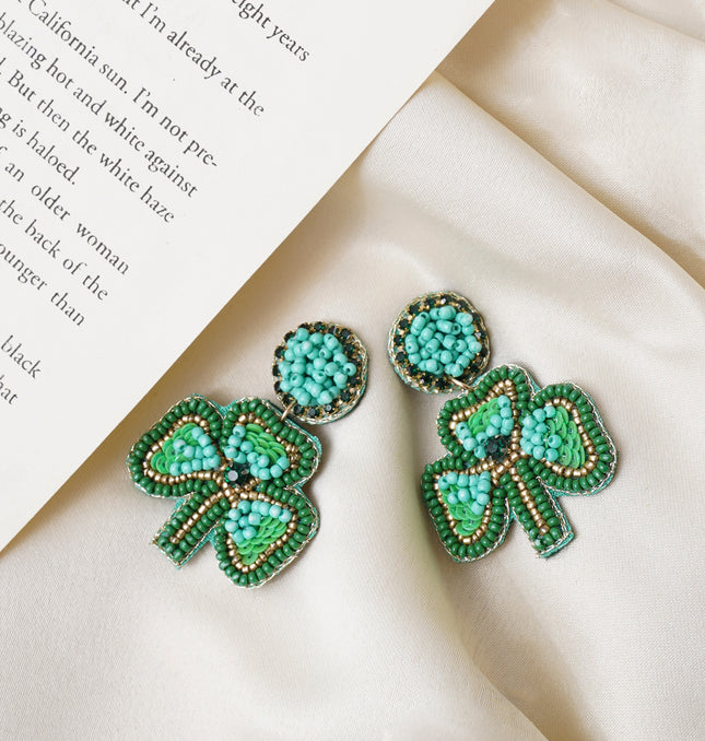 Green Beaded Cord Leaf Earrings
