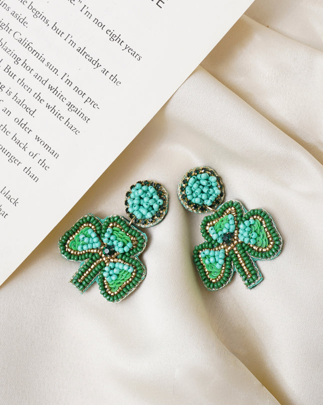 Green Beaded Cord Leaf Earrings