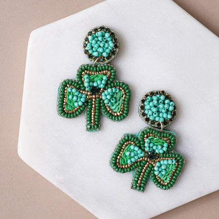 Green Beaded Cord Leaf Earrings