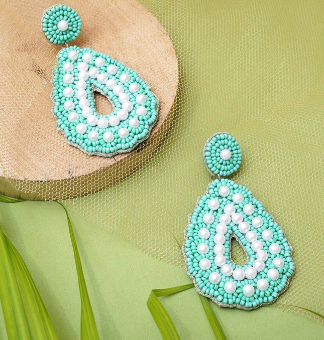 Green Pearl Drop Flower Earrings - HASHTACK