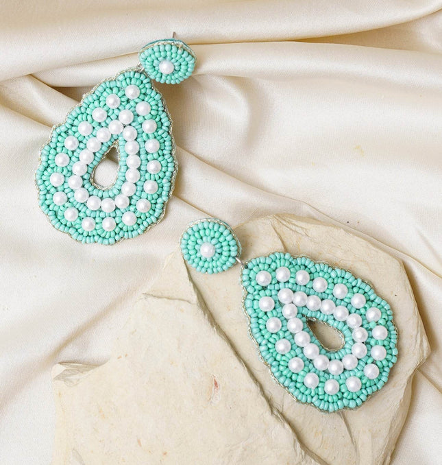 Green Pearl Drop Flower Earrings - HASHTACK