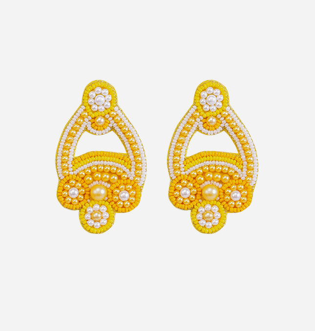 Yellow Beaded Pearl Drop Earrings