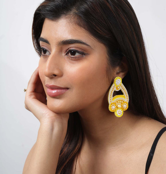Yellow Beaded Pearl Drop Earrings