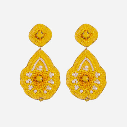 Yellow Beaded Flower Drop Earrings