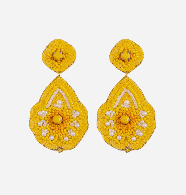 Yellow Beaded Flower Drop Earrings - HASHTACK