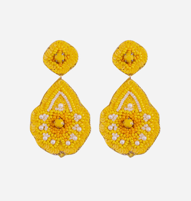 Yellow Beaded Flower Drop Earrings