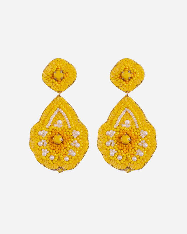 Yellow Beaded Flower Drop Earrings