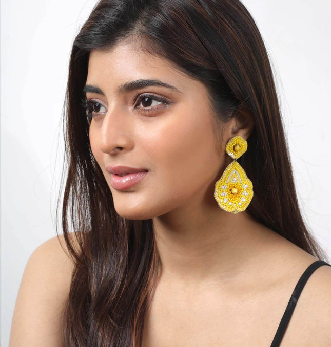 Yellow Beaded Flower Drop Earrings - HASHTACK