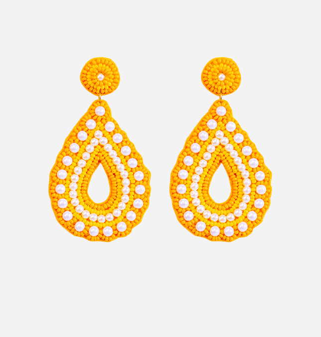 Yellow Pearl Drop Flower Earrings