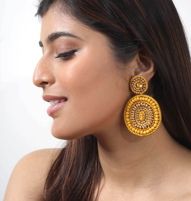 Mustard Round Beaded Earrings - HASHTACK