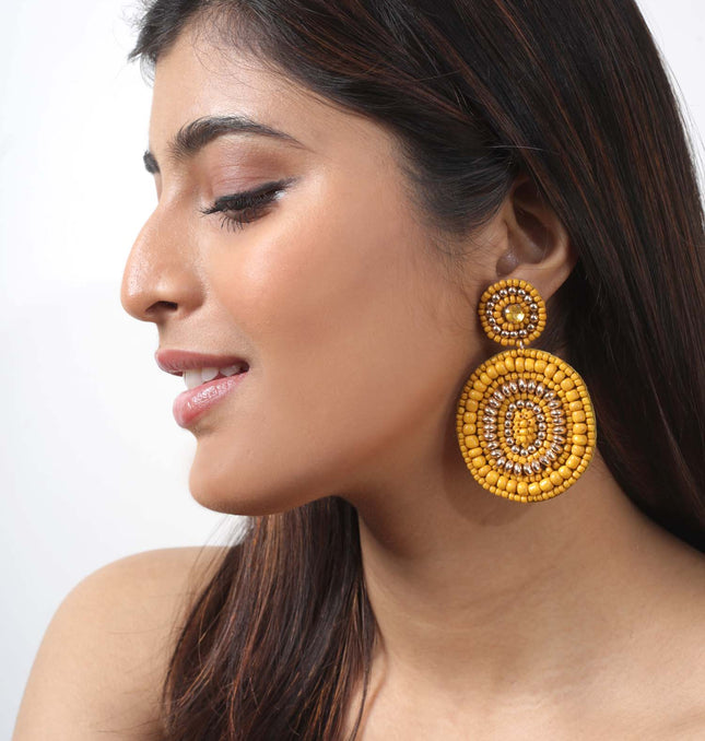 Mustard Round Beaded Earrings