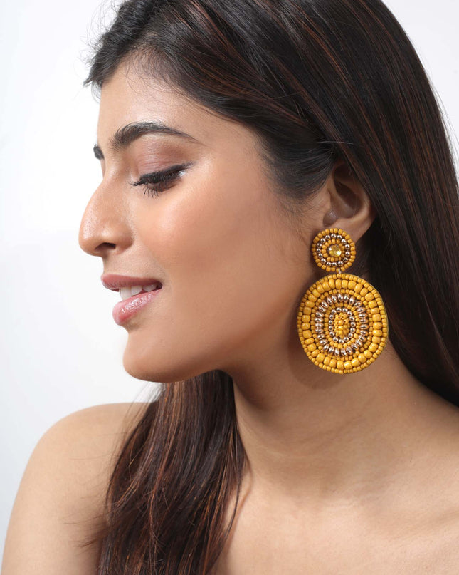 Mustard Round Beaded Earrings