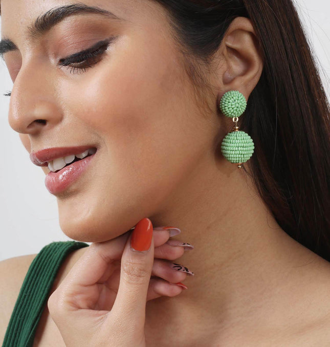 Green Mini Beaded 2 Ball Earrings - HASHTACK