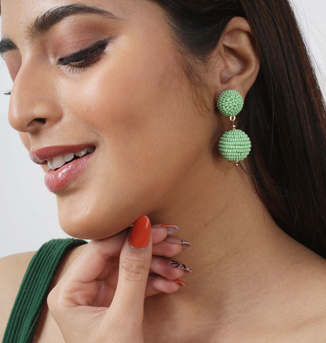 Green Mini Beaded 2 Ball Earrings
