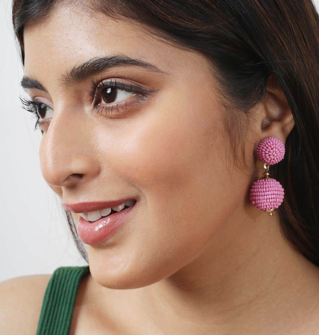 Pink Mini Beaded 2 Ball Earrings - HASHTACK