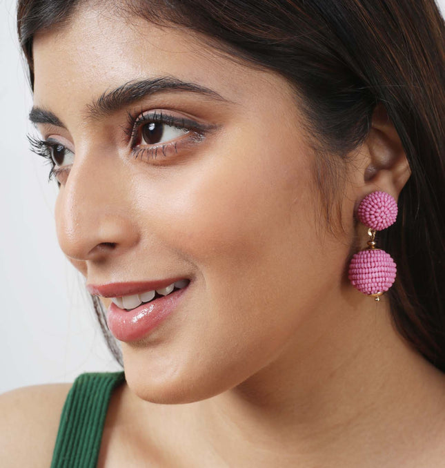 Pink Mini Beaded 2 Ball Earrings