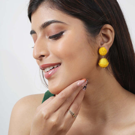 Yellow Mini Beaded 2 Ball Earrings