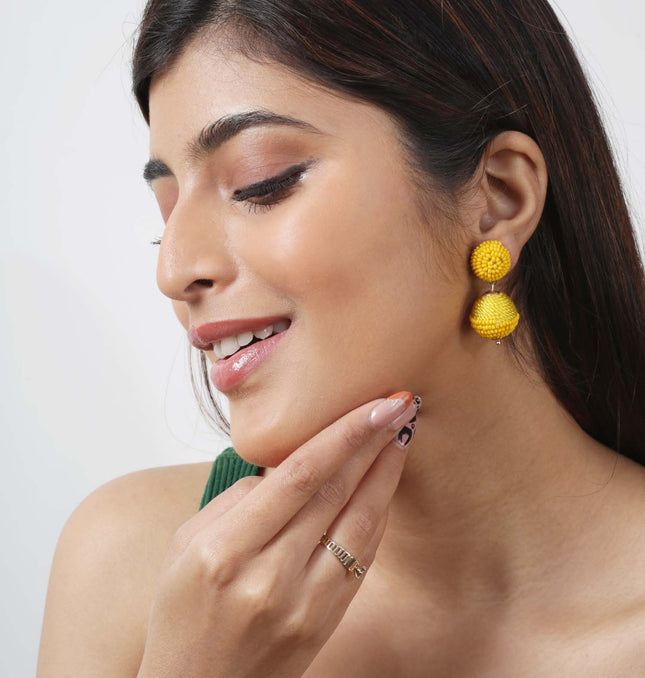 Yellow Mini Beaded 2 Ball Earrings