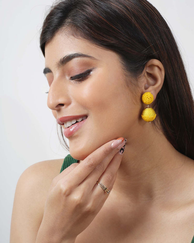 Yellow Mini Beaded 2 Ball Earrings