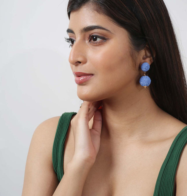 Blue Mini Beaded 2 Ball Earrings