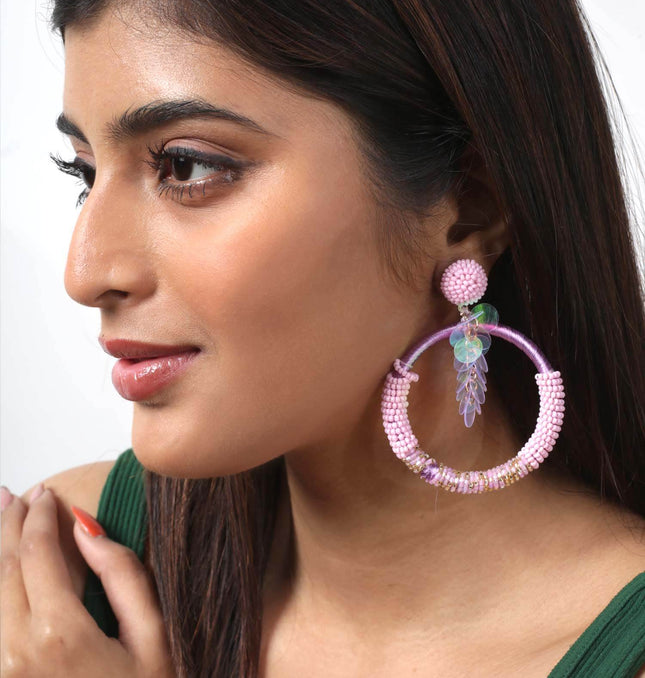 Pink Beaded Sequence Bunch Hoops - HASHTACK