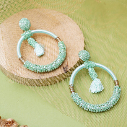 Green Beaded Fringe Hoops