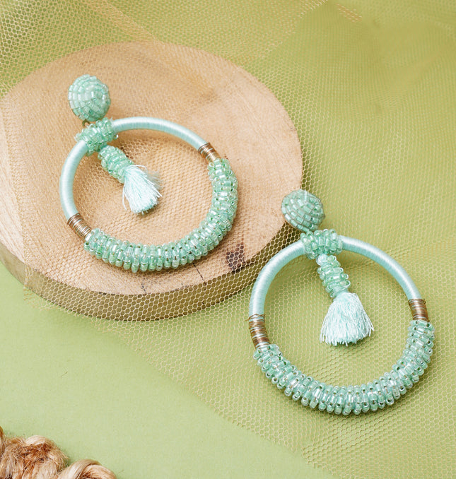 Green Beaded Fringe Hoops