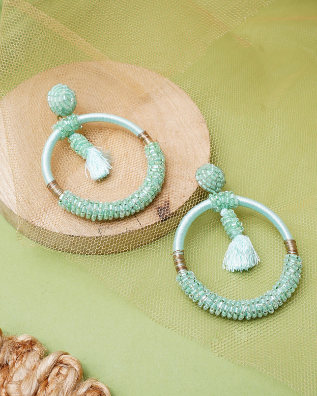 Green Beaded Fringe Hoops