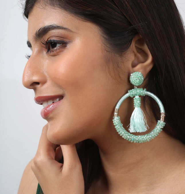 Green Beaded Fringe Hoops
