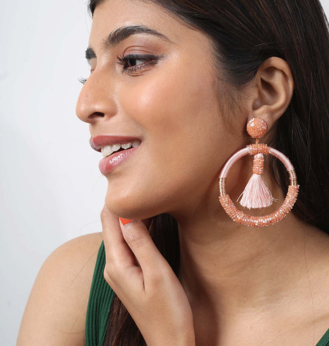 Orange Beaded Fringe Hoops