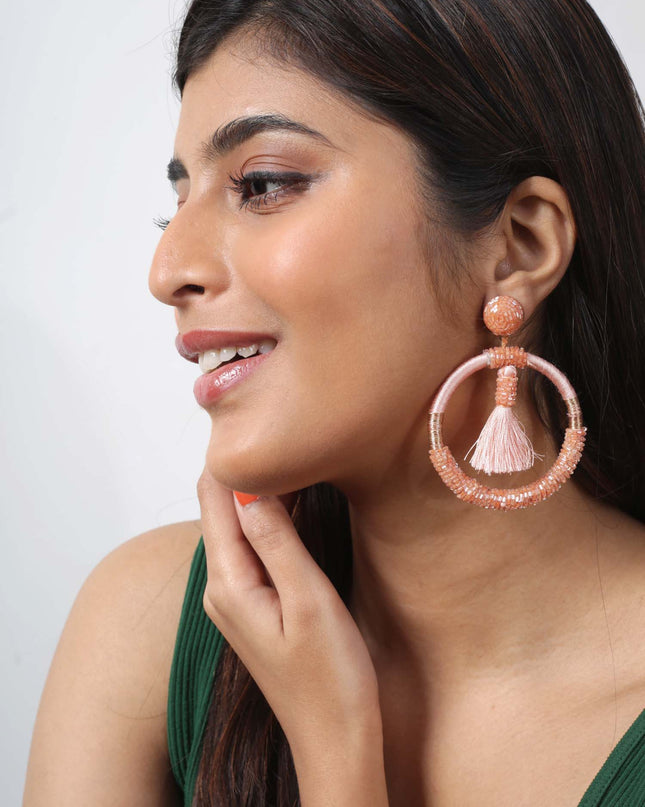 Orange Beaded Fringe Hoops