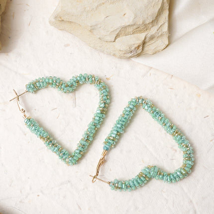 Green Heart Beaded Hoops