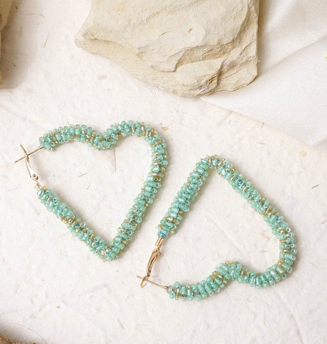 Green Heart Beaded Hoops - HASHTACK