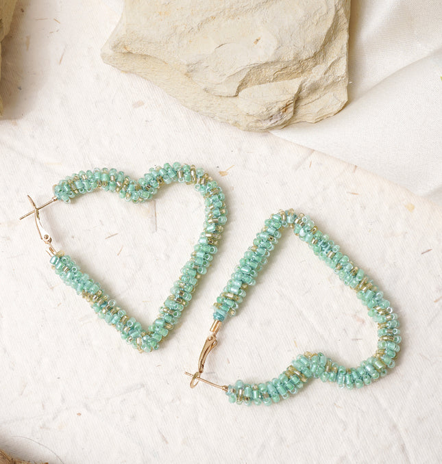 Green Heart Beaded Hoops