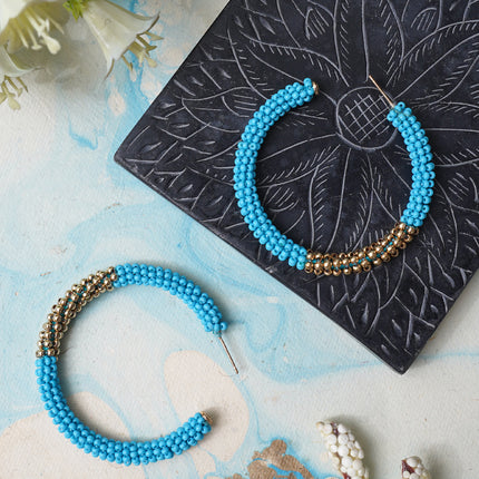 Blue Gold Beaded Hoops