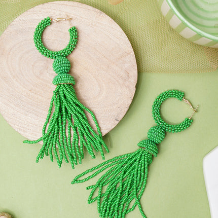 Green Beaded Long Fall Earrings