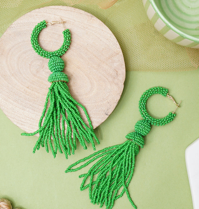 Green Beaded Long Fall Earrings