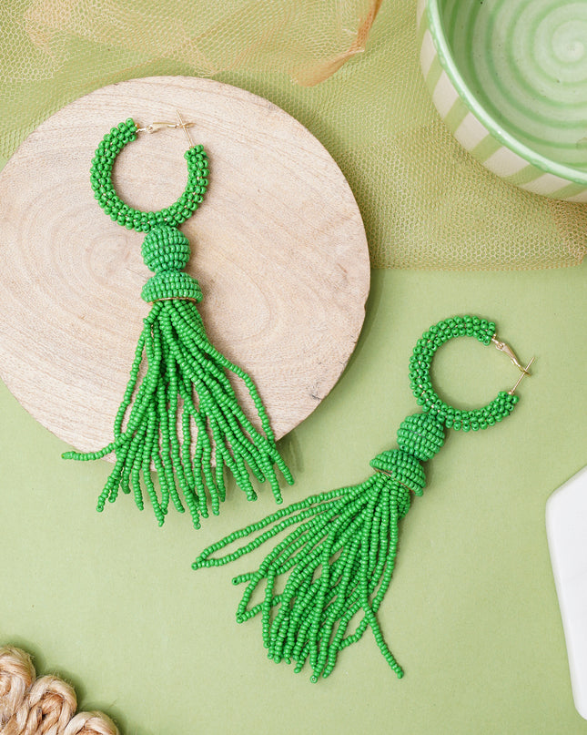 Green Beaded Long Fall Earrings